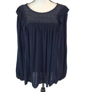 NWT Westport Womens Navy Blue Embroidered Ruffled Long Sleeve Blouse L